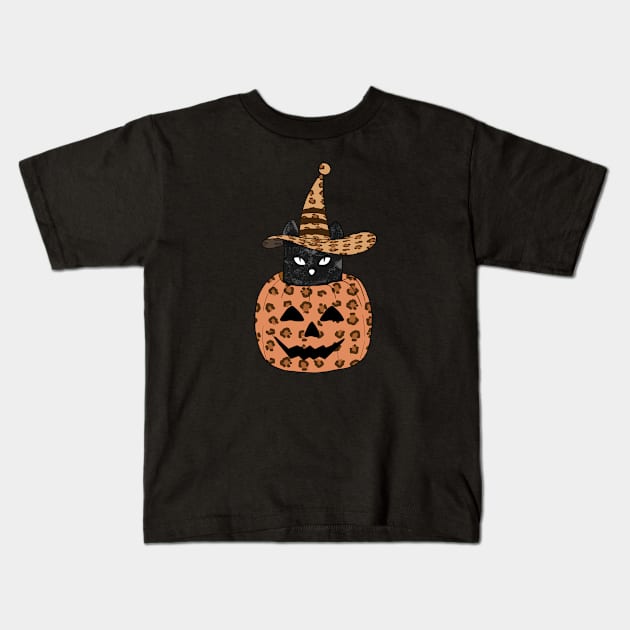 Leopard Pumpkin Black Cat Kids T-Shirt by Rishirt